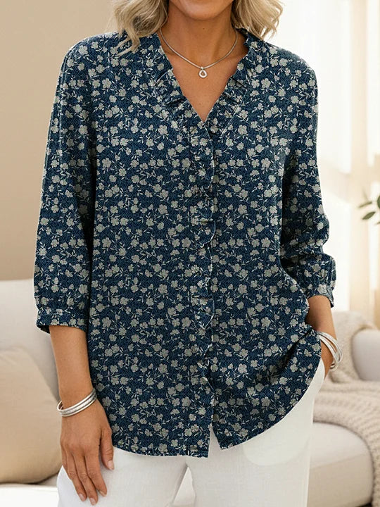 Women's Small Floral Print Casual Ruffled Denim Shirt