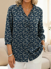Women's Small Floral Print Casual Ruffled Denim Shirt