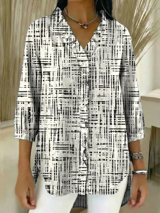 Women's Abstract Pattern Art Print Casual Ruffled Denim Shirt