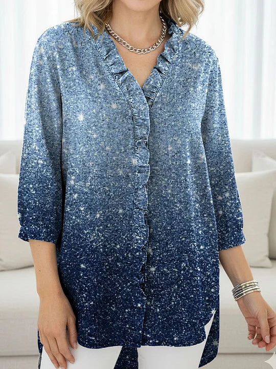 Women's Shiny Gradient Print Casual Ruffled Denim Shirt