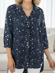 Women's Small Floral Print Casual Ruffled Denim Shirt