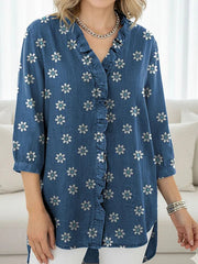 Women's Little Flower Art Print Casual Ruffled Denim Shirt