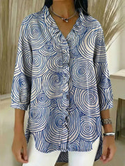 Women's Abstract Pattern Art Print Casual Ruffled Denim Shirt