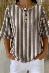Womens Gray Vertical Stripe Button Detail Waffle Knit Short Sleeve Top