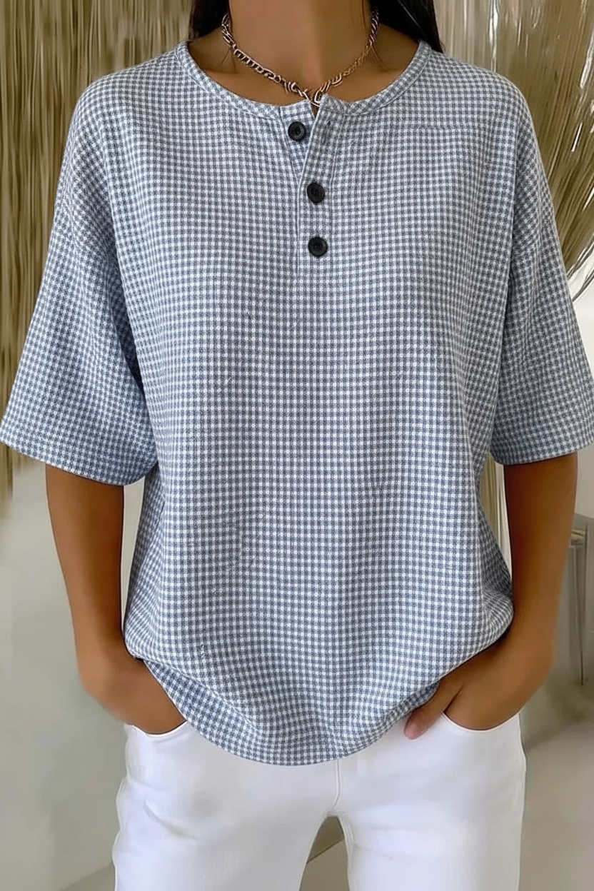 Womens Gray Gingham Button Detail Waffle Knit Short Sleeve Top