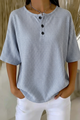 Womens Gray Gingham Button Detail Waffle Knit Short Sleeve Top