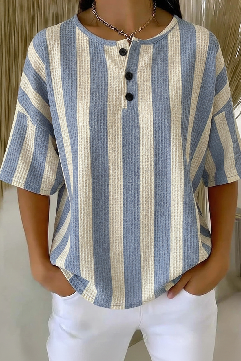 Womens Blue Stripe Button Detail Waffle Knit Short Sleeve Top