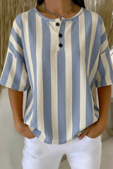 Womens Blue Stripe Button Detail Waffle Knit Short Sleeve Top