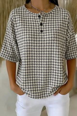 Womens Gray Houndstooth Button Detail Waffle Knit Short Sleeve Top