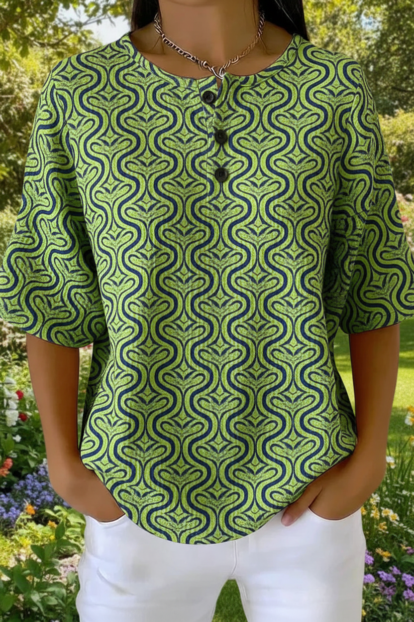 Women's Retro Green Geometric Wave Art Pattern Print Casual Waffle Cotton Shirt