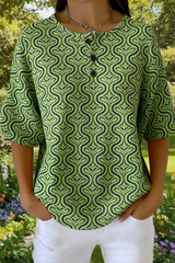 Women's Retro Green Geometric Wave Art Pattern Print Casual Waffle Cotton Shirt