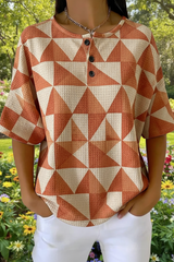Women's Retro Brown Triangle Art Pattern Print Casual Waffle Cotton Shirt