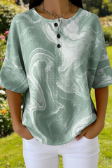 Womens Abstract Marble Art Pattern Print Casual Waffle Cotton Shirt