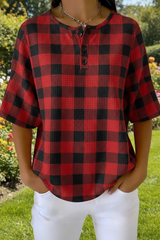 Womens Plaid Art Pattern Print Casual Waffle Cotton Shirt