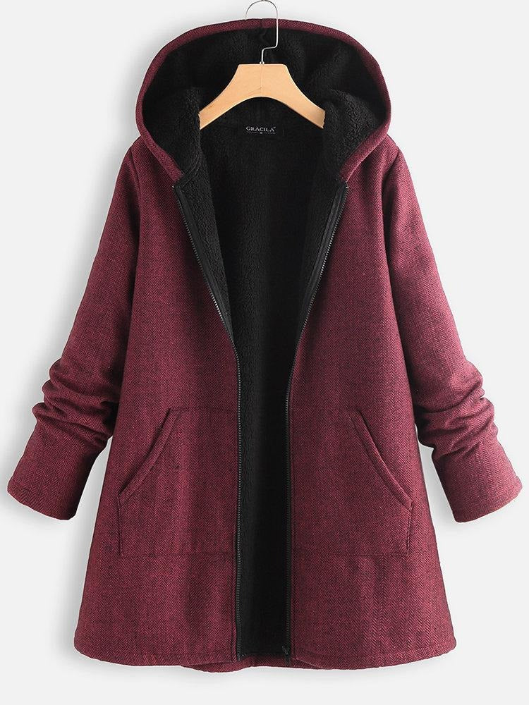 Solid Color Hooded Zipper Long Sleeves Fleece Warm Coat