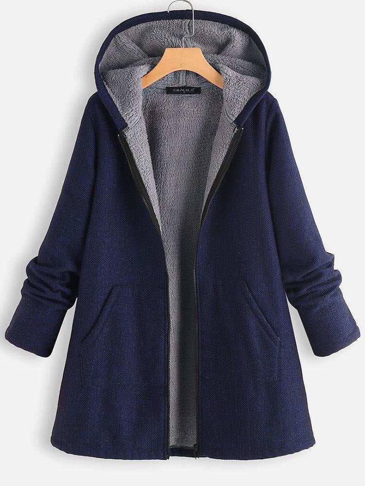 Solid Color Hooded Zipper Long Sleeves Fleece Warm Coat