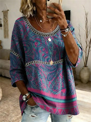 Women's Multi Paisley Ethnic Print Hollow Lace Round Neck 3/4 Sleeve Blouse