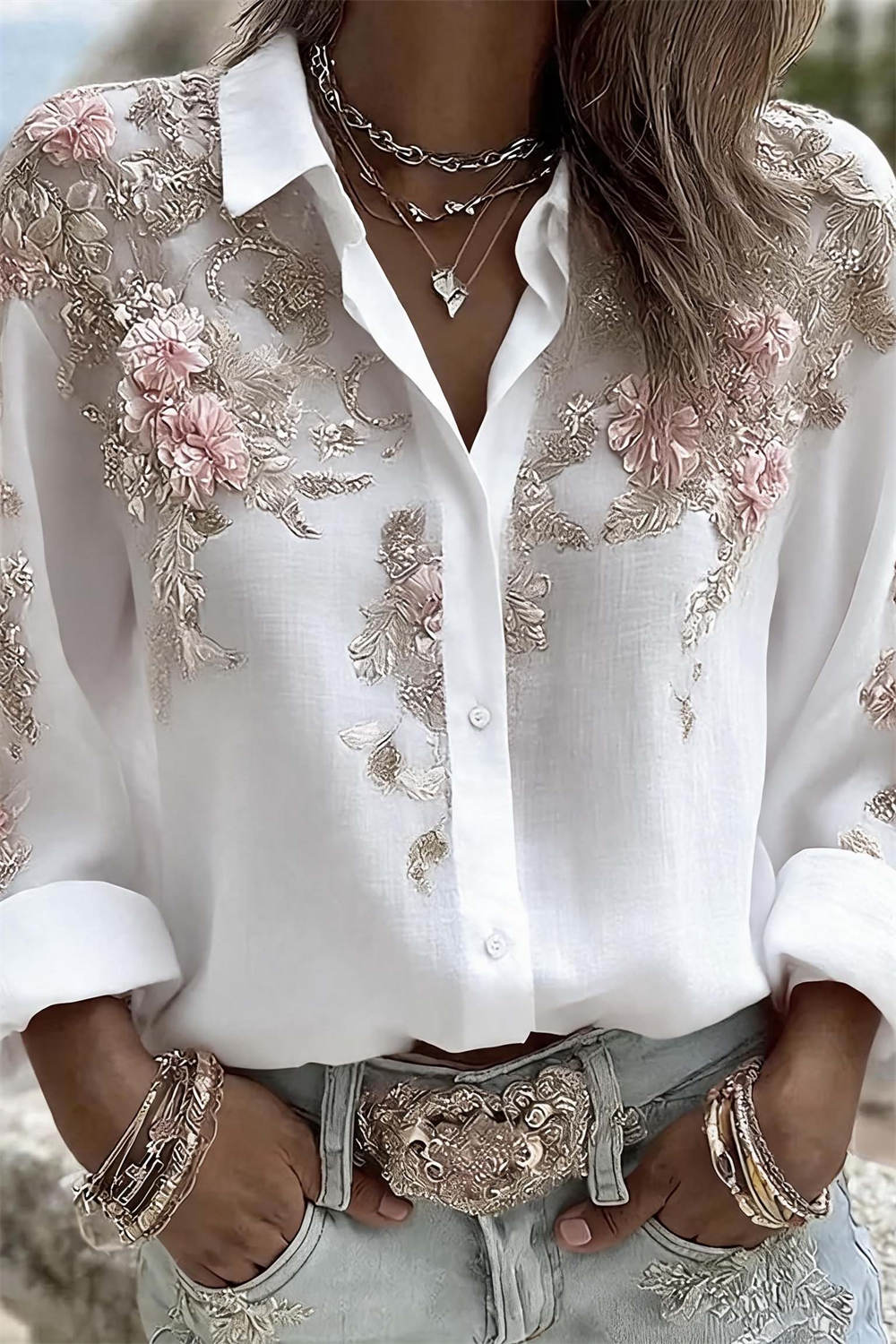 Women's White Floral Shirt Collar Long Sleeve Shirt