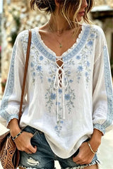 Women's White Floral V Neck Long Sleeves Blouse