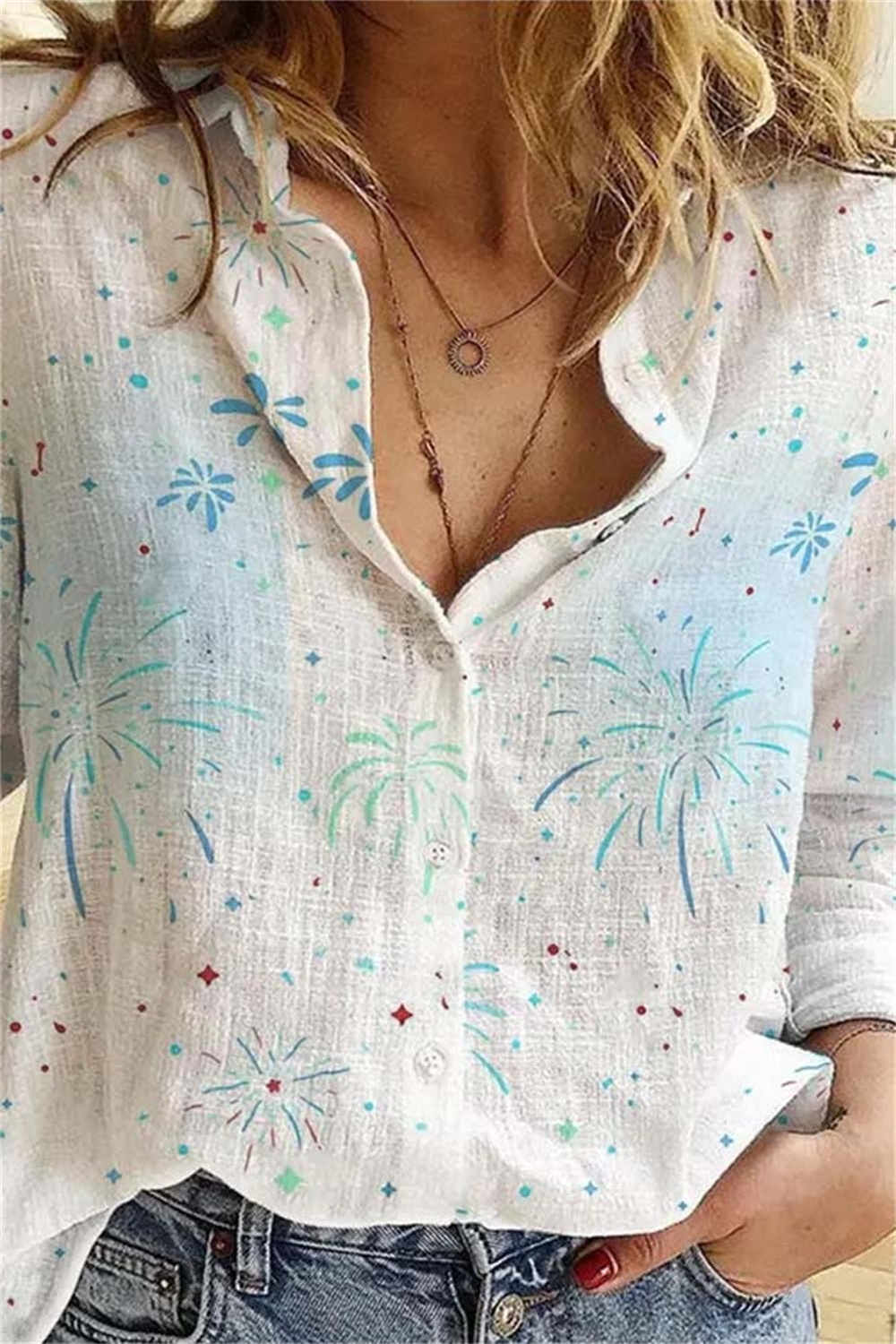White Firework Print Collared Long Sleeve Shirt