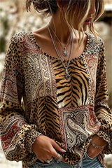 Women's Multi Animal Paisley Patchwork Round Neck Long Sleeve Blouse