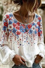 Women's Red Blue Star Floral Print Round Neck Long Sleeve Blouse