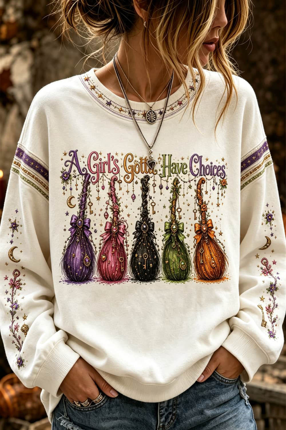 Women's Halloween White Witch Broom Print Round Neck Long Sleeve Sweatshirt