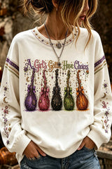 Women's Halloween White Witch Broom Print Round Neck Long Sleeve Sweatshirt