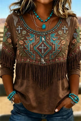 Women's Brown Western Geometric Cross Fringe Round Neck Three Quarter Sleeve Top