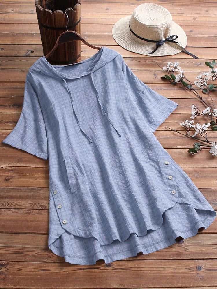 Women's Halter Solid Color Pockets Short Sleeves Blouse