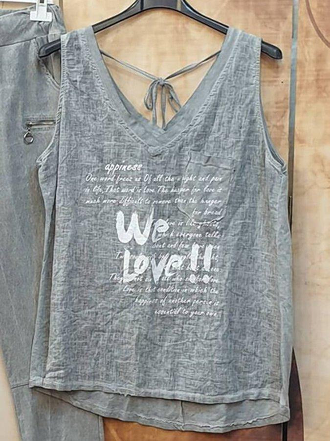Letter Print Casual Sleeveless Two Piece Suit