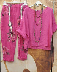 Floral Print Casual 3/4 Sleeves Two Piece Suit