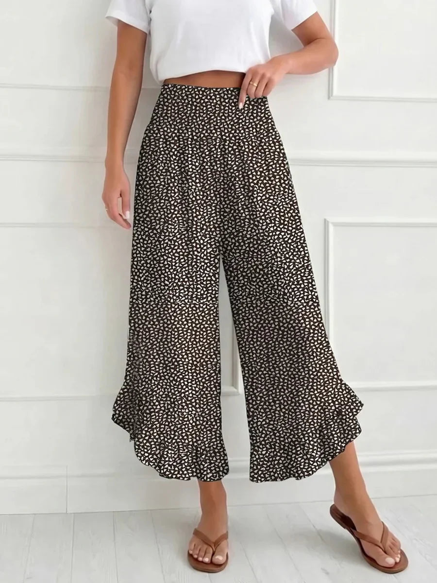 Coffee Floral Ruffle Hem Loose Culottes Main image