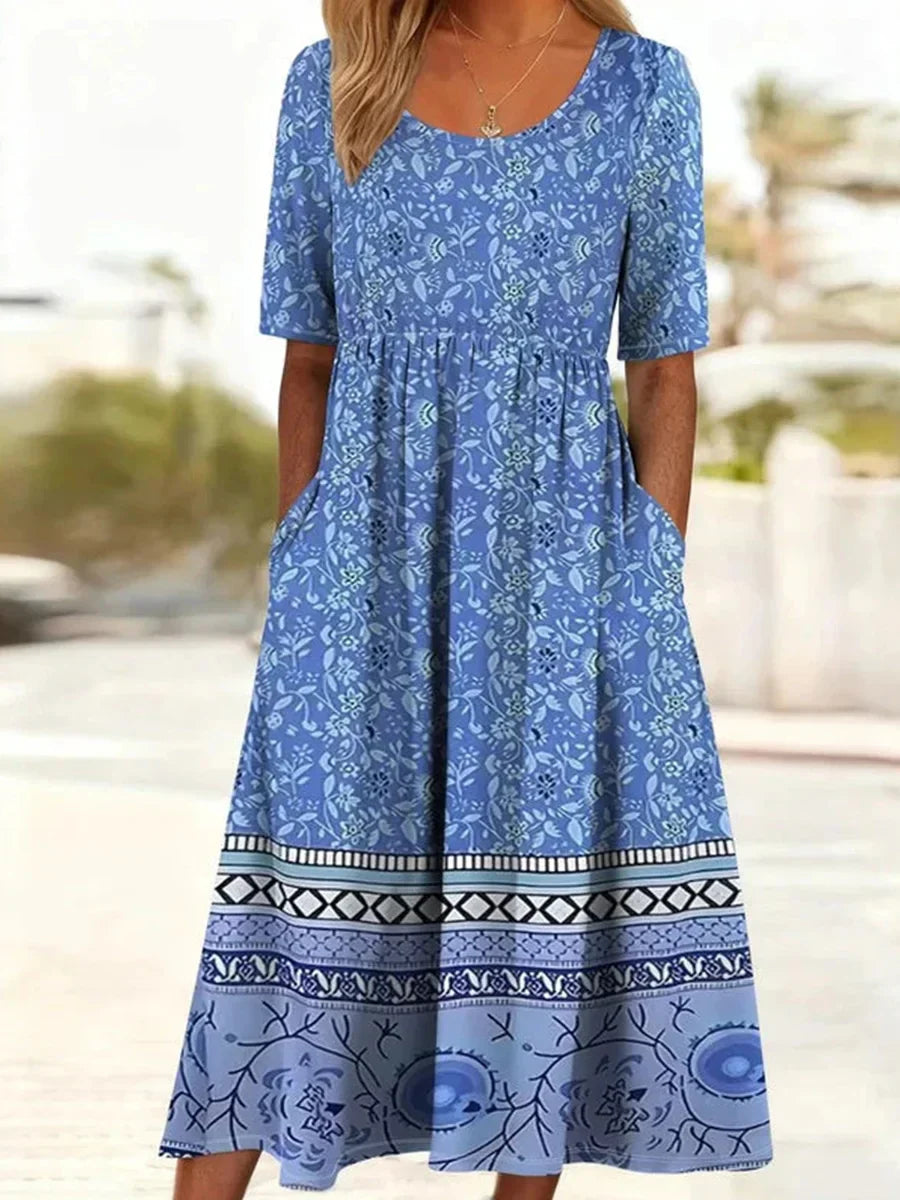 Vintage Floral Print Round Neck Short Sleeve Maxi Dress Main image