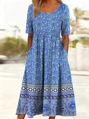 Vintage Floral Print Round Neck Short Sleeve Maxi Dress