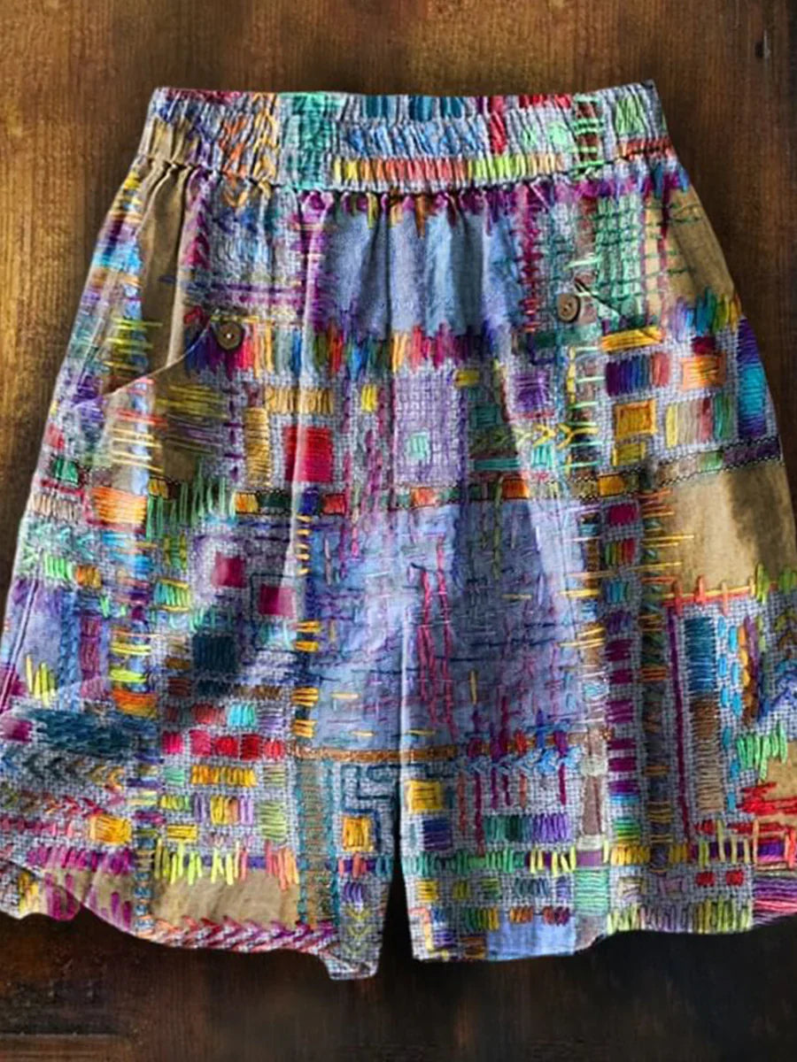 Women's Bohemian Patchwork Art Printed Casual Pocket Shorts
