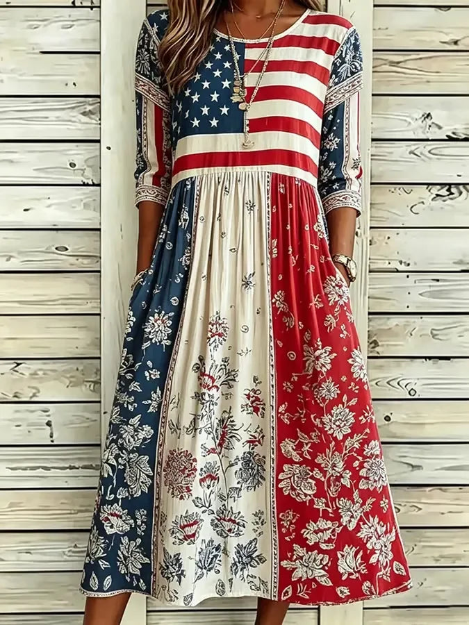 Women American Flag Floral Print Summer Dress Crew Neck Half Sleeve A-Line Dress