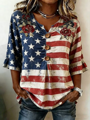 Women V Neck Half Sleeve American Flag Floral Embroidery Casual Blouse