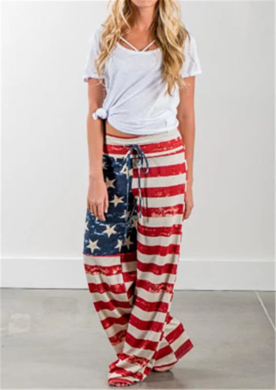 Women Vintage American Flag Print Loose Straight Long Pants