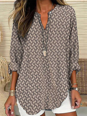 V-Neck Long Sleeve Geometric Print Loose Shirt