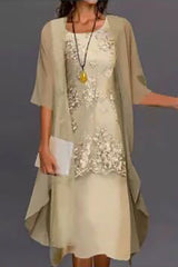 Casual Lace Two-Piece Jacket Midi Dress Set