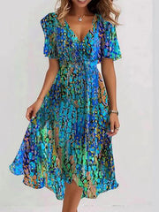 Special Blue V-Neck Short Sleeve Midi Dress