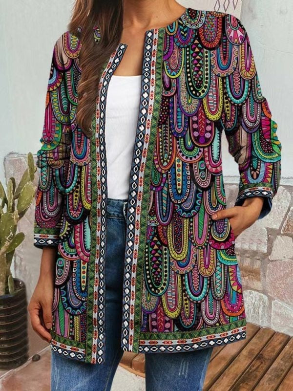 Vintage Ethnic Print Casual Long Sleeves Cardigan