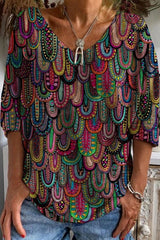 Vintage Ethnic Print V-neck Half Sleeves T-shirt