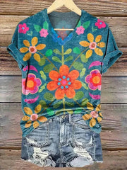 Casual Floral Print V-neck Short Sleeve T-Shirt