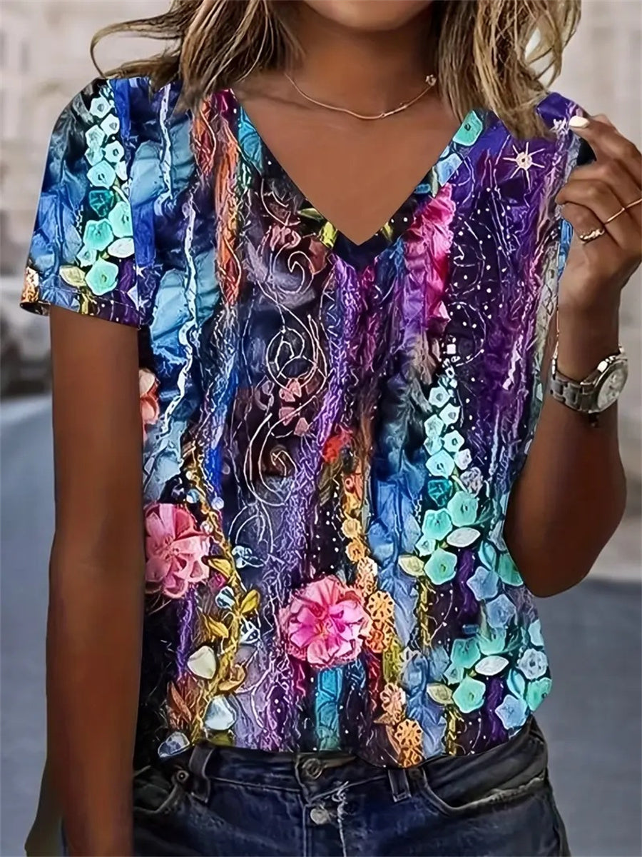Colorful Floral V-neck Short Sleeves T-shirt