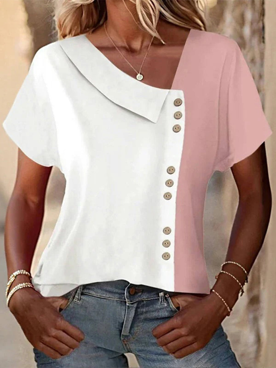 Casual Colorblock Short Sleeve Blouse
