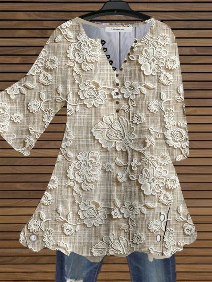3/4 Sleeve V-neck Graphic Buttons Tops Main image