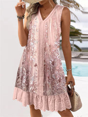 Pink Sleeveless V-neck Graphic Lace Midi Dress