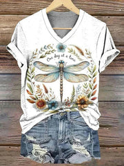 Dragonfly Floral Print V-Neck Short Sleeve T-Shirt